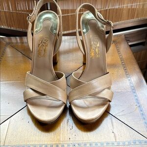 Salvatore Ferragamo Gold Block Heel Leather Sandals